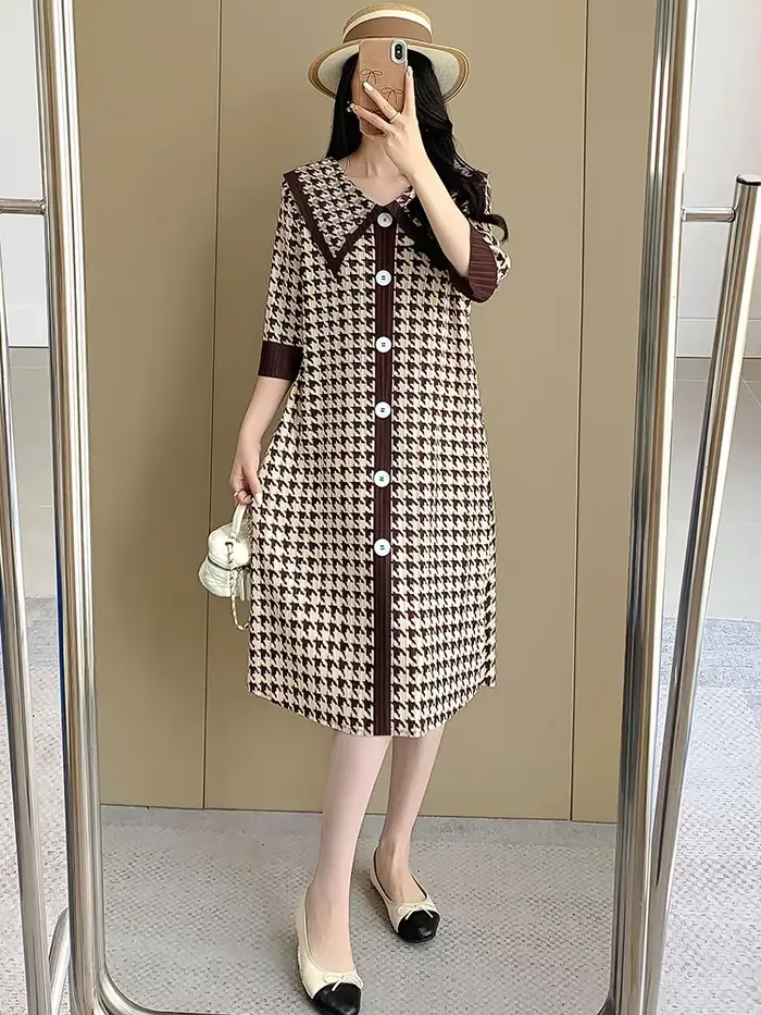 Miyake – robe pliée à carreaux rétro pour femmes, nouvelle robe Maix haut de gamme, âge réduit, col