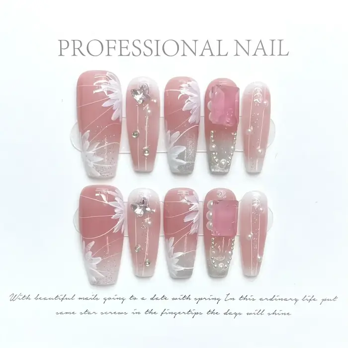 10 pièces noir fait à la main presse sur ongles fleur Ballet portable strass faux ongles décoration 