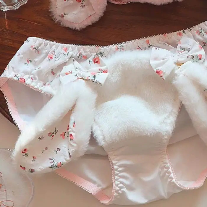 nohavičky v zamatu s králičími ušami a lukom, roztomilý, plyšový, štýl Lolita, pre ženy, mäkký, teplý, s čistým bavlneným rozkrokom, stredná veľkosť