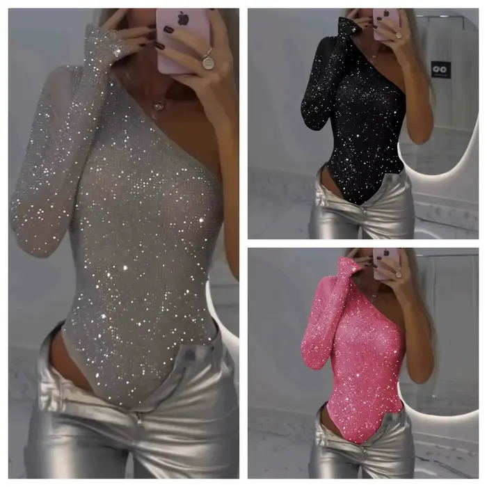 Trblietavé body pre ženy Sexy jednoramenné obtiahnuté s kamienkami Strih Chic