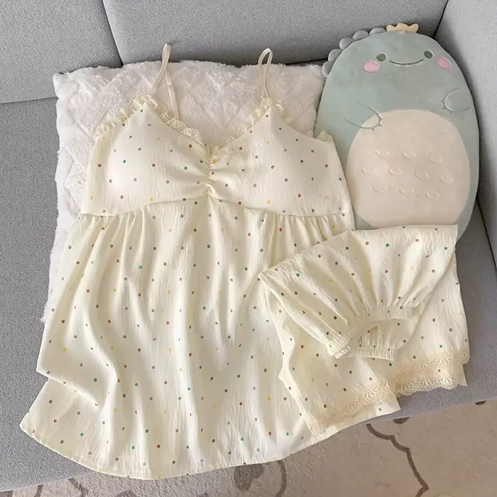 Dámsky pyžamový set, farebná polka dot kamizola s hrudnými vankúšikmi, dvojdielne oblečenie na spanie, čipka V-neck, bez rukávov, mäkké a pohodlné pyžamo