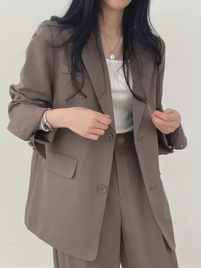 Dámske elastan Polyester sako a nohavice Set, Stredná veľkosť, rebrovaný golier sako, široké nohavice nohavice, moderné fit, jarné letné obdobie, profesionálne príležitosti