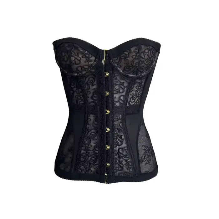 Sexy serré Corset épicé fille noir dentelle désossé gilet creux sans manches haut sans bretelles 202