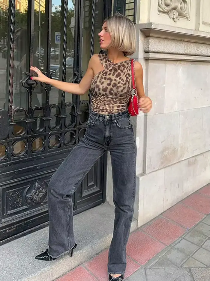 Dámske Leopard tylu batérie kombinézu, duté von, nepravidelné popruhy, Snap-b individuálne, dovolenka, pláž, Streetwear štýl, leto, 2025