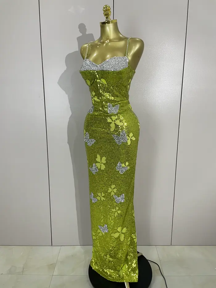 Elegantný trblietavý motýľ kryštál Sexy lano zelené obtiahnuté dlhé šaty pre ženy na oslavu večierka narodenín svadobné hostky
