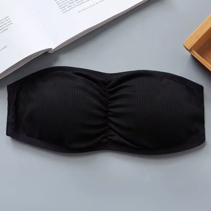 Soutien-gorge bandeau côtelé sans bretelles pour femme, anti-dérapant, froncé, coussinets amovibles respirants, crochets dorsaux réglables, occasion spéciale invisible sous-vêtement