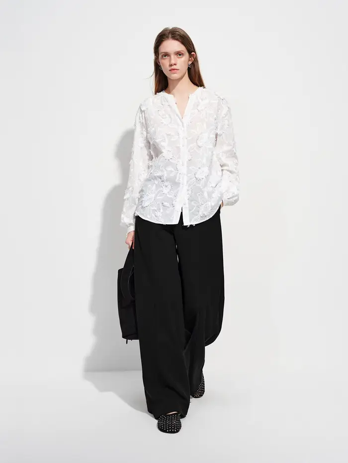 FSLE 2026 Nouvelle Blouse Femme Printemps-Été à Col Rond en Jacquard 3D, Chemise de Bureau à Manches