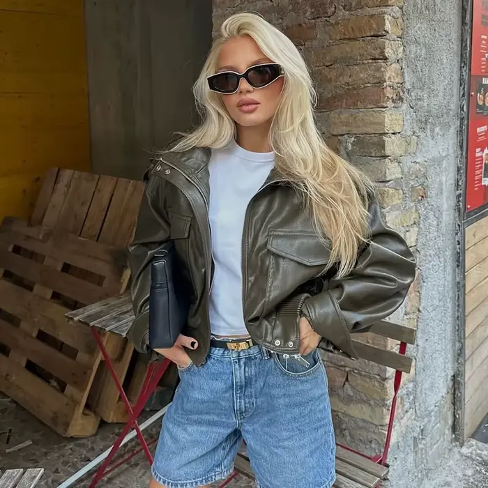 MUJER Umelá koža Strihaná bunda ženy Bomber Polosezónne bundy pre