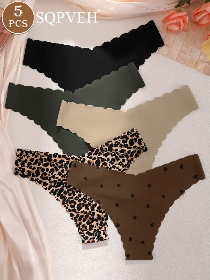 Sada 5 tangá veľkosť V s leopardím potlačou a srdcom, bezšvíkové, neviditeľné, mäkké, priedušné, neutrálna farba zeme, pre ženy, každodenné použitie
