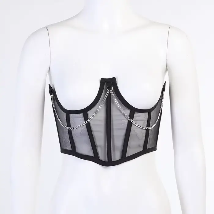 Sexy korzet pod prsia Punk čierna kovová reťaz ženy top krivky tvarovač pásový pás vysoký pás čipka bustier
