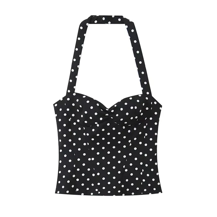 Haut pour femme, nouveau style été 2026, couleur unie, décor à pois, col halter, haut sexy, style va