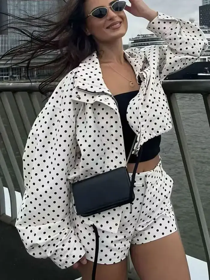 HH – ensemble imprimé à pois pour femme, veste à manches longues, col roulé, cordon de serrage + sho