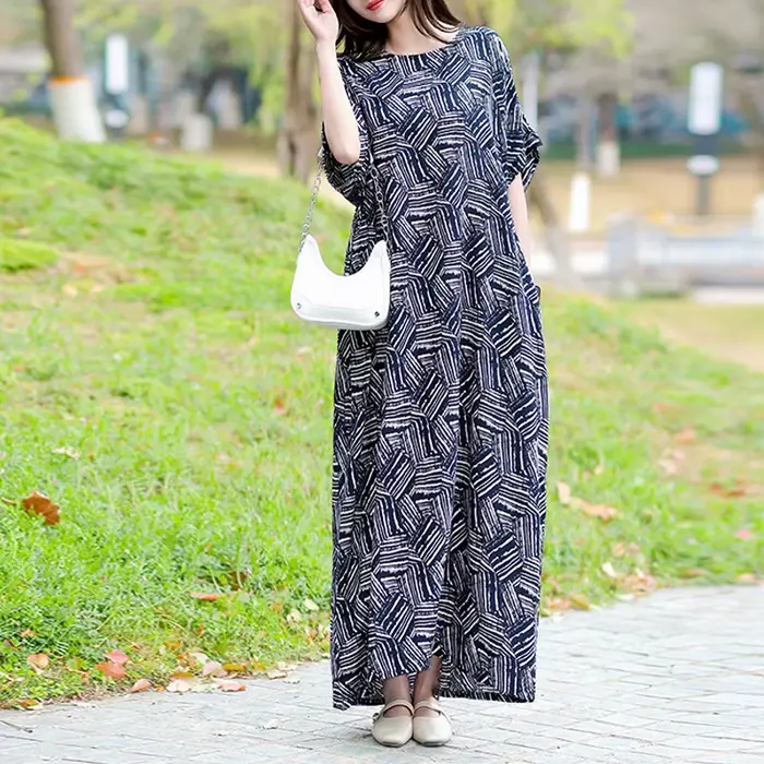 Vintage imprimé fleuri Robe Maxi femmes Boho à manches courtes longues ceintures Robe grande taille 