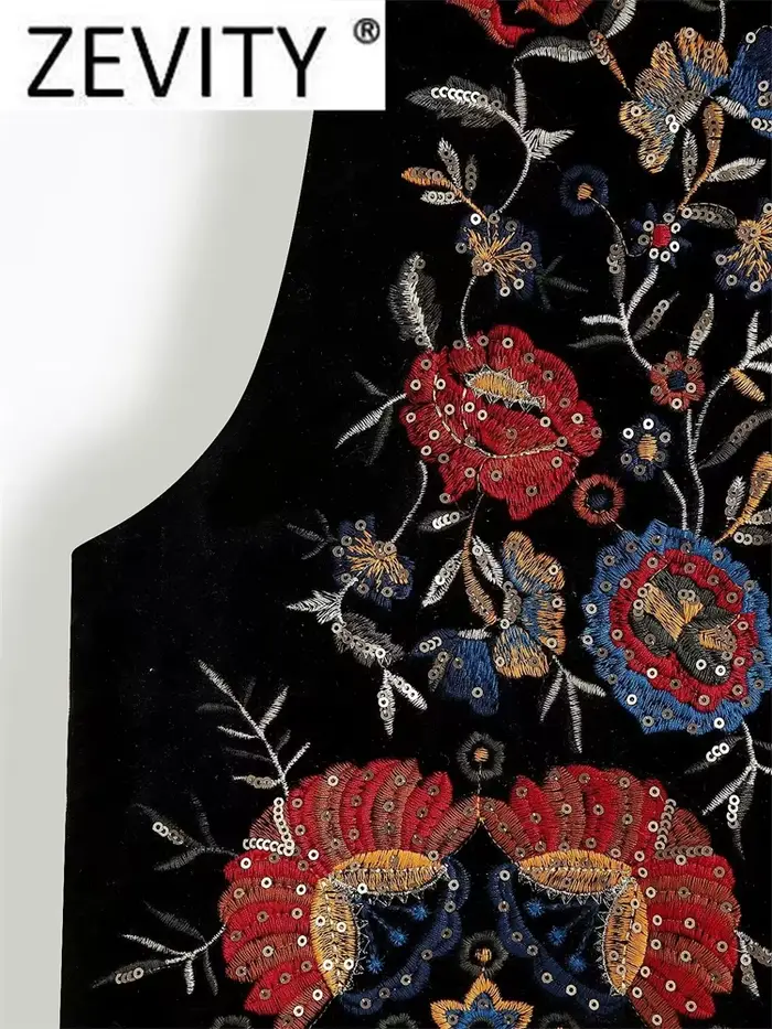 Zevity femmes Vintage paillettes fleur broderie gilet veste dames rétro style national patchwork déc