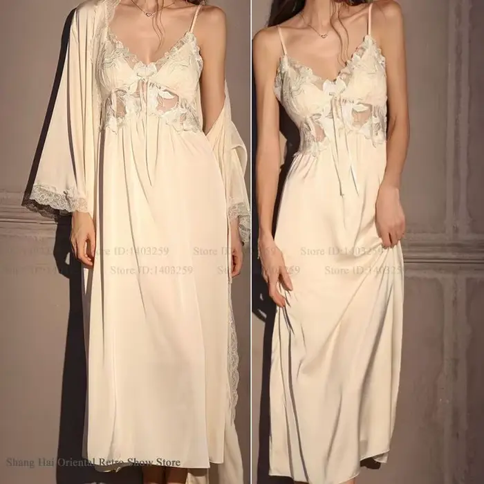 Élégant femme longue Robe ensemble chemise de nuit soyeux glace soie vêtements de nuit Homewear SEXY évider dentelle chemise de nuit Lingerie vêtements de détente