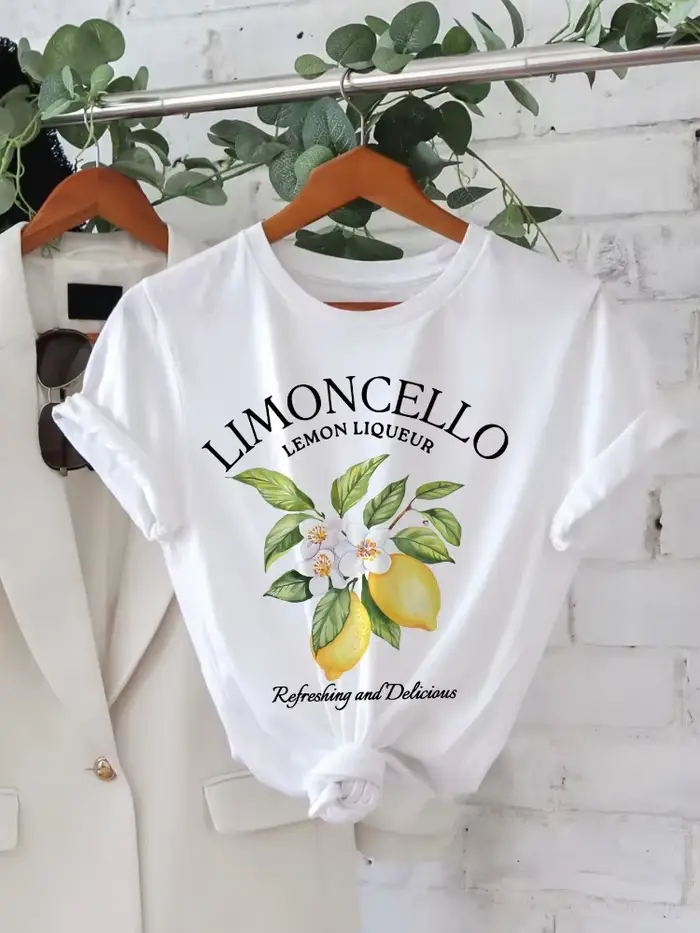 T-shirt manches courtes col rond femme, haut décontracté avec lettres de citron imprimées, Kawaii, S