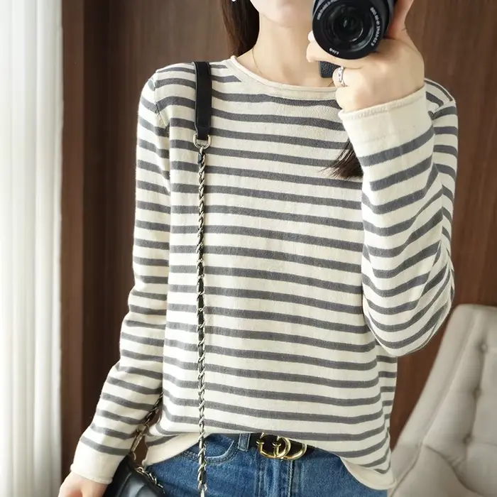 Femmes 100% coton pull frisé col rond bande pull automne hiver décontracté tricot vêtements mode dou
