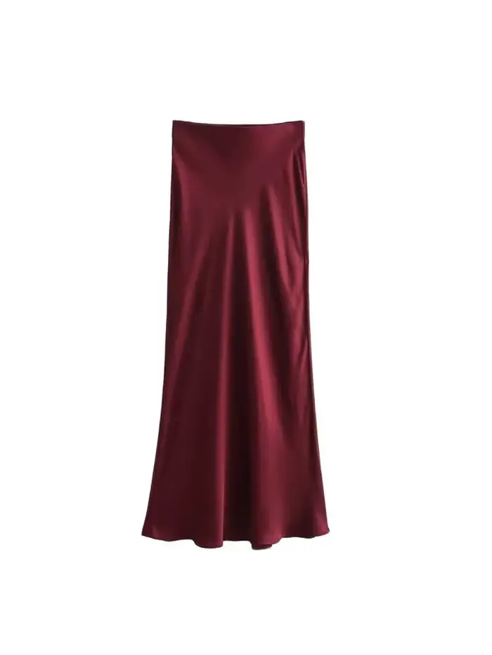 Jupe mi-longue semblable à de soie pour femmes, doux au toucher, taille haute, ceinture élastique, C