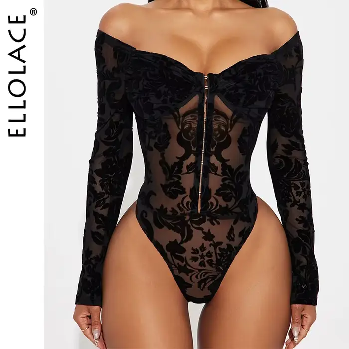 Ellolace Sexy spodná bielizeň Dámske ultra horúce, zmyslové body s dlhými rukávmi a holé ramená, otvorené vnútro, predné uzavretie, zvodné oblečenie pre ženy