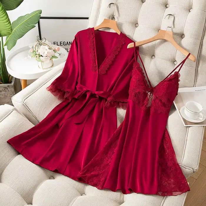 2 pièces Kimono Robe ensemble femmes Satin vêtements de nuit chemise de nuit Sexy décontracté vêtements de maison Lingerie intime dentelle peignoir Robe
