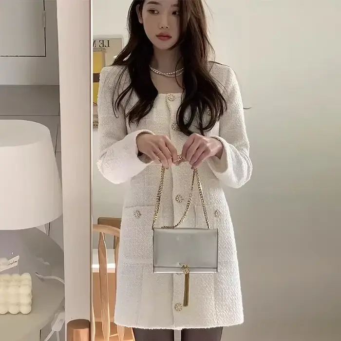 Robe en tweed rétro élégante pour femmes, col carré, manches longues, boutons, poche, mini robes de