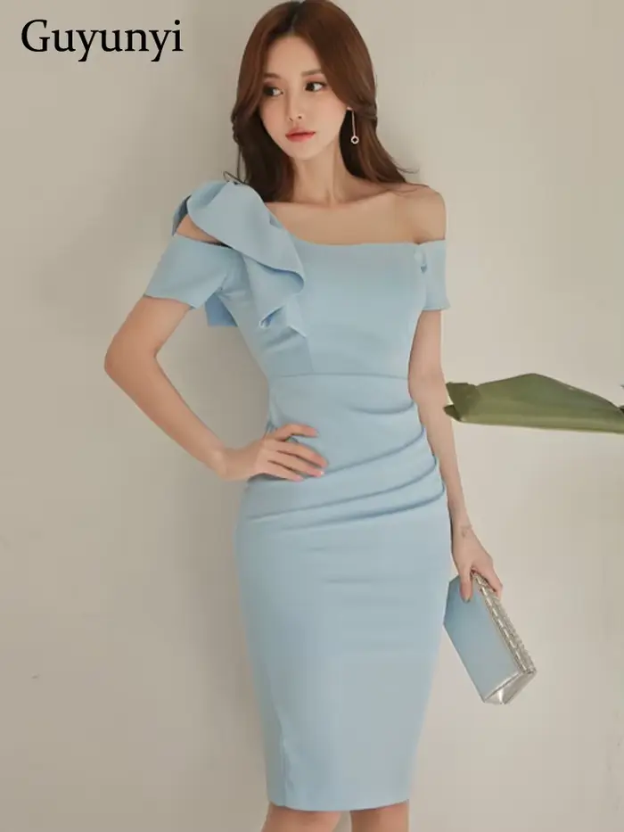 Robe de soirée élégante bleu ciel pour femmes, style coréen, sans bretelles, dos nu, sexy, col alert