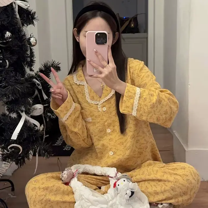 Dámske pyžamo, nový štýl, jar a jeseň, dvojdielna sada s dlhými rukávmi, francúzsky štýl, pre domácnosť, skutočné fotografie