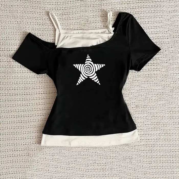 T-Shirt décontracté pour femmes, Harajuku 2025, Streetwear rétro Y2K, col licou imprimé, faux ensemb