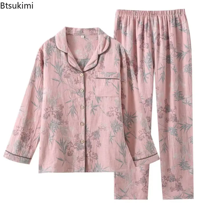 Btsukimi pyžamo Set pre ženy v čistej bavlne, retro dizajn, mäkká podšívka, veľkosť M L XL, farby ružová šedá, spánok a odpočinok príležitosti