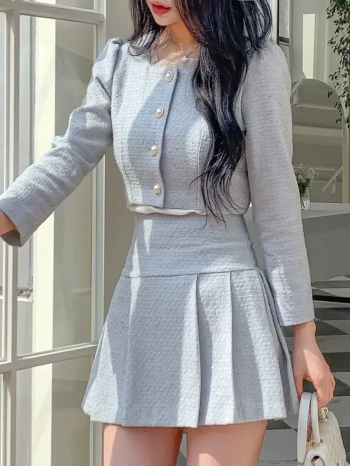 Ensemble deux pièces parfumé pour femme, veste courte, manteau et jupe, châssis, petite tenue, haute