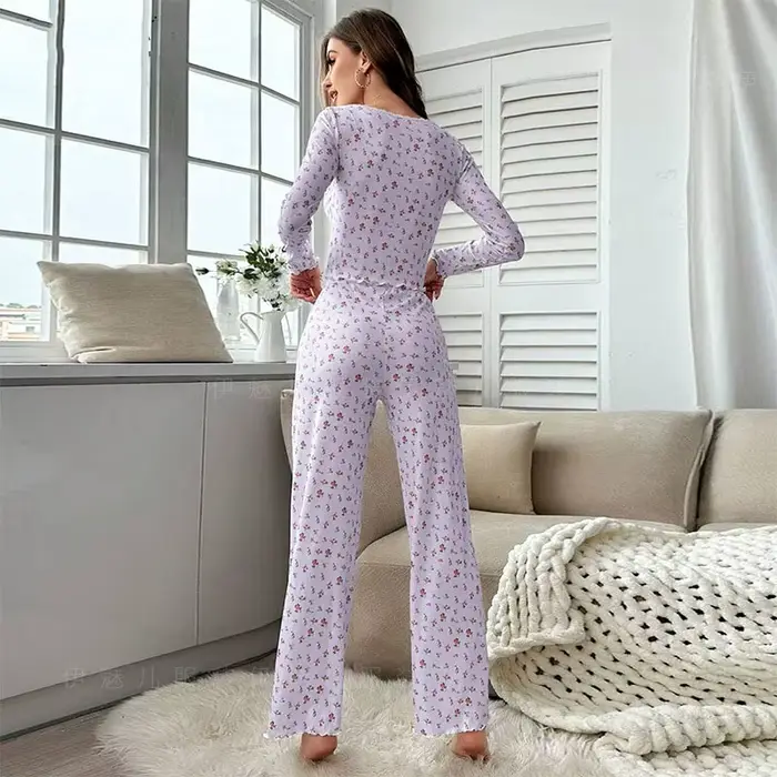 Dámske pyžamový set, mäkké a pohodlné, kvetinová tlač, sexy, s dlhým rukávom Top a nohavice, Sleepwear, dvojdielna sada, domáce oblečenie