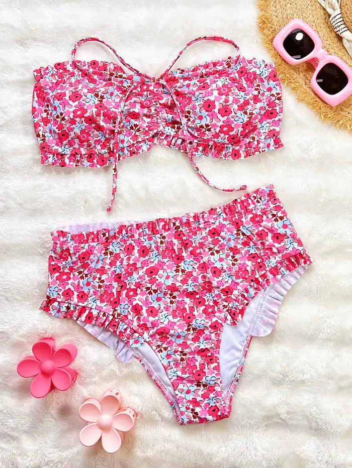 Kvetinová tlač Dvojdielna čelenka Bikini Set Nahé ramená Žena Plavky Vysoký pás Skladaný obväz Ženy Plavky