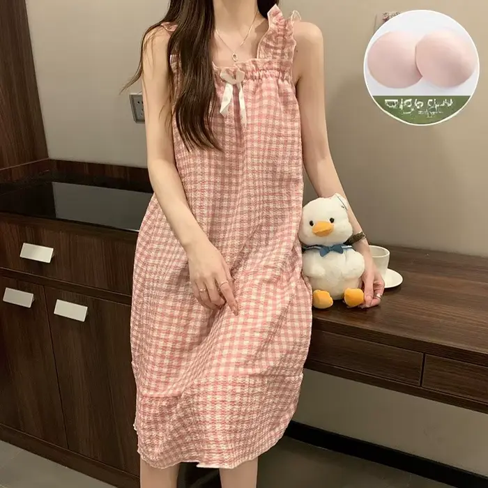 Pyjama pour femme, chemise de nuit d'été mignonne avec coussinet de poitrine, sans manches, à bretelles, à volants et nœud, style princesse, caraco