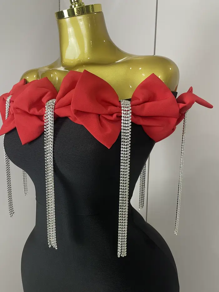 2025 femmes célébrité sexy épaule dénudée fleur diamants noir noeud papillon maxi longue XL robe de