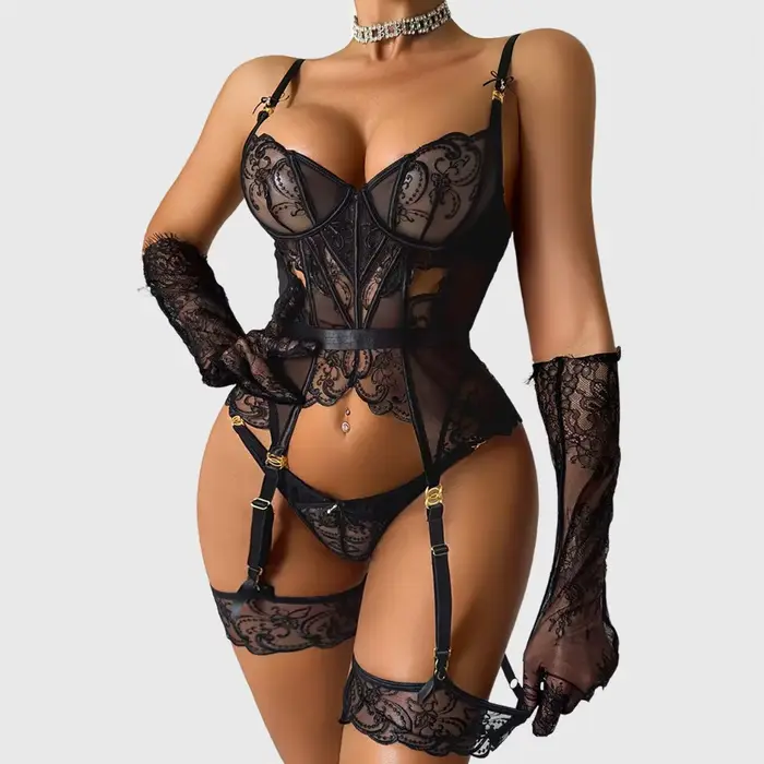 Ensemble de lingerie haut de gamme Ellolace pour femme : Corset en dentelle Willowy, string, 2 pièces avec manchettes de jambe et gants, tenue florale ajustée, lingerie sensuelle