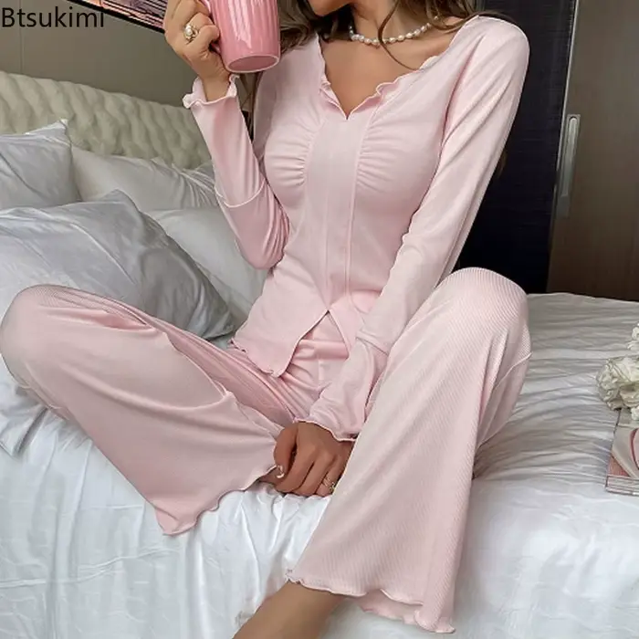 Sexy pyžamový set pre ženy, V-neck, skladaný, s dlhými rukávmi, top a high-end nohavice, ležérne oblečenie, 2 kusy, jar-pád