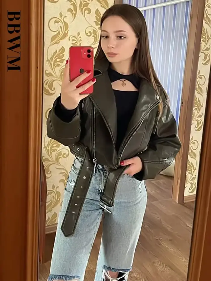 BBWM dámska nadrozmerná vintage voľná PU kožená bunda s opaskom Streetwear retro zips