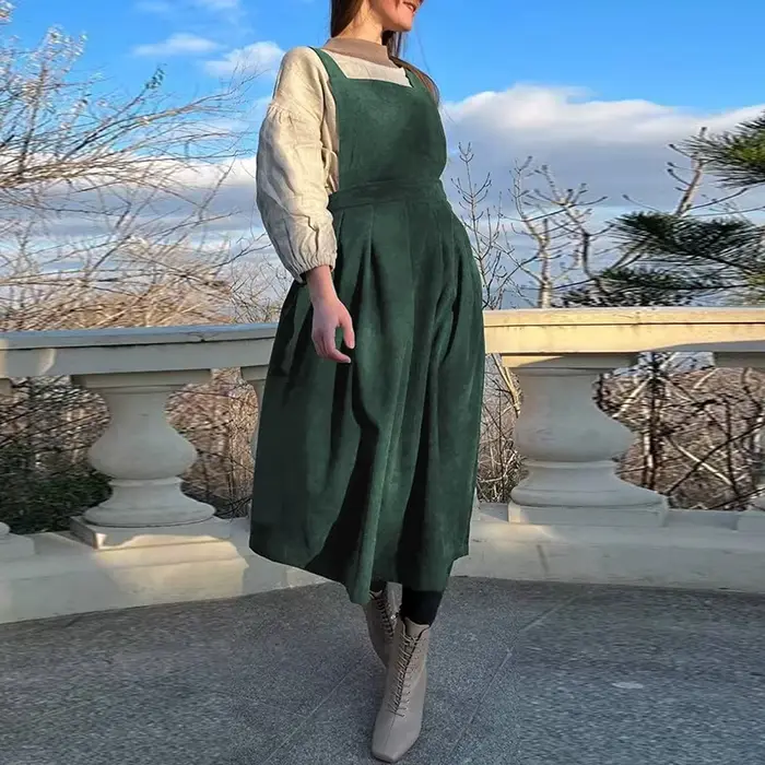 Robe en velours côtelé pour femme, robe chasuble mi-longue, dos croisé, vintage, ensemble une pièce,