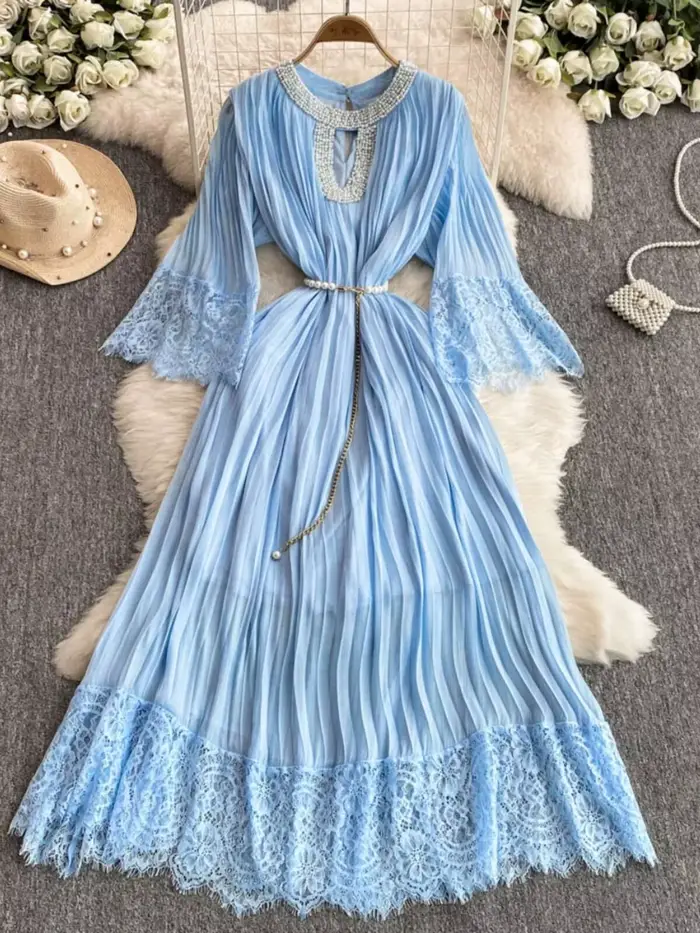 Robe Longue Plissée en Mousseline de Soie pour Femme, Luxueuse, Élégante, Perles de Clip, Ceinture, 