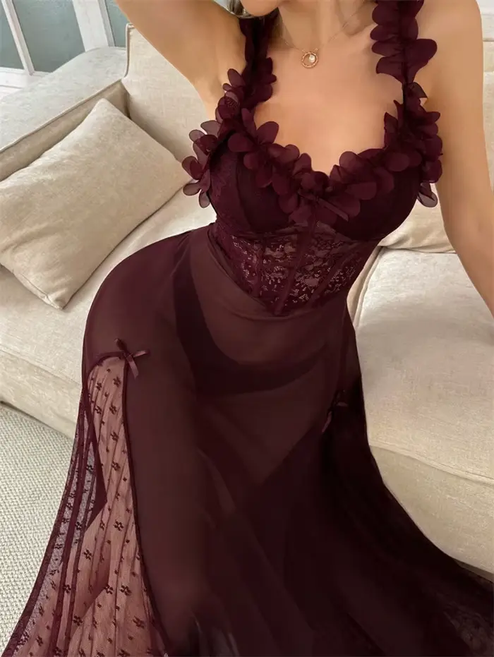 Dámska nočná košeľa s popruhmi, v polka dot oka, s víla luk, dlhý, pyžamový štýl, okvetné lístky, V-neck, bez chrbta, sexy