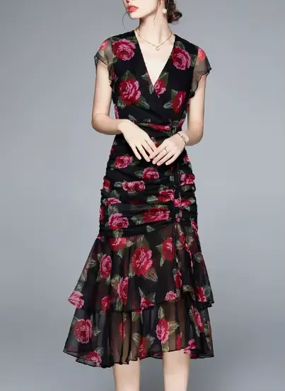 Robe vintage en mousseline de soie, élégante, col en v, à volants, décontractée, taille haute, pour 