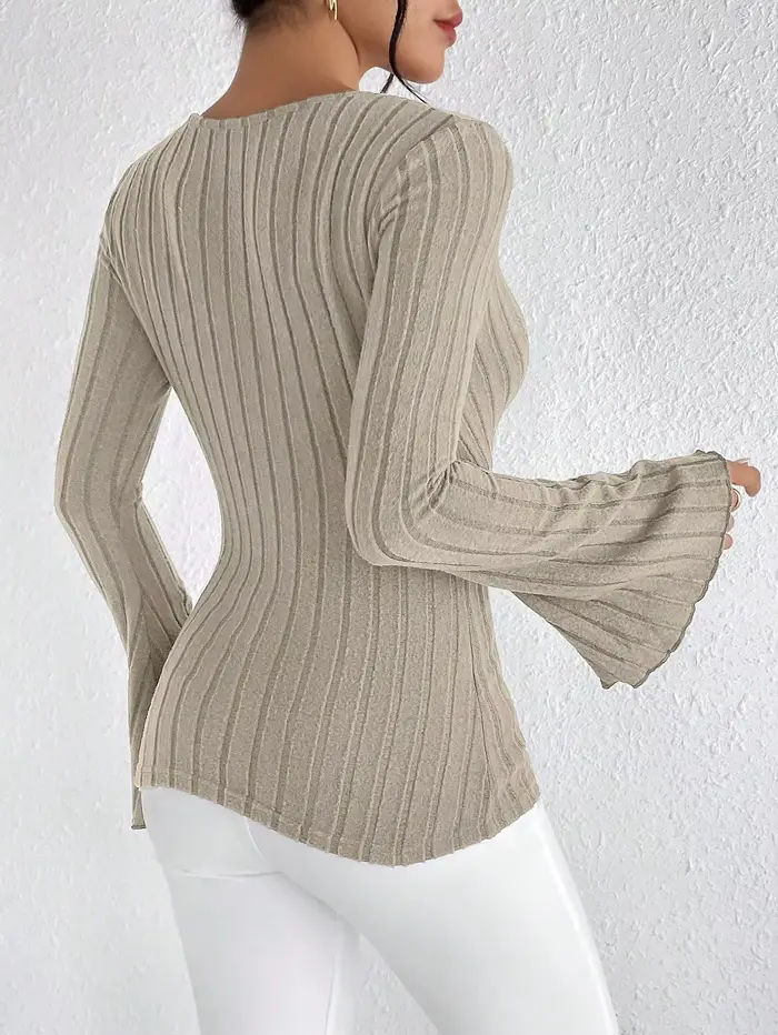 T-shirt à manches longues et col en V pour femmes, chemise slim rayée sexy, Y, automne et hiver