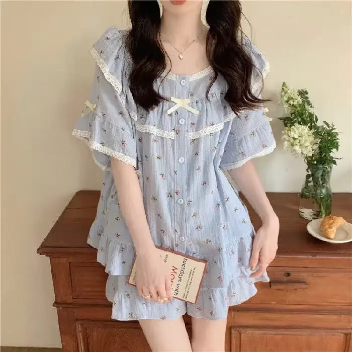 Nouvel ensemble de pyjama d'été pour femme style princesse, doux, avec dentelle et petites fleurs, m