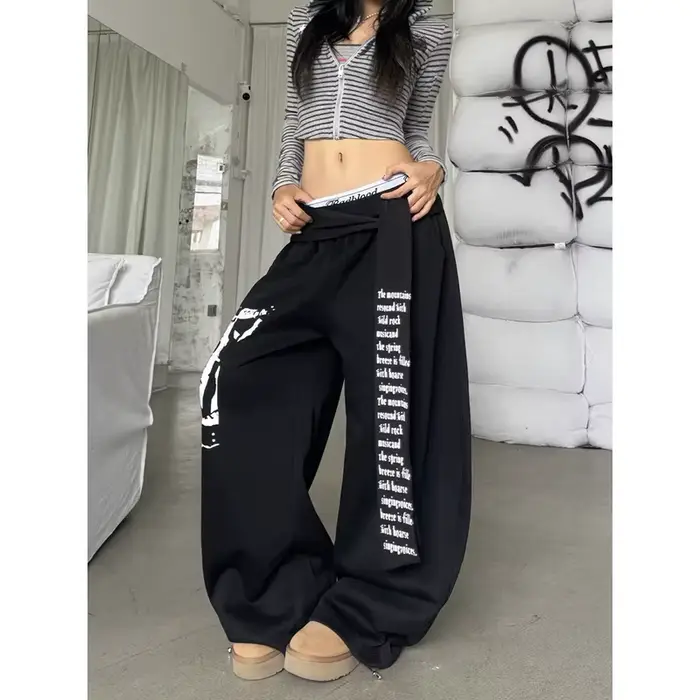 ZHIZOU dámske sivé gotické Baggy Y2k písmená potlač nohavice Harajuku 2000s Vintage oversized