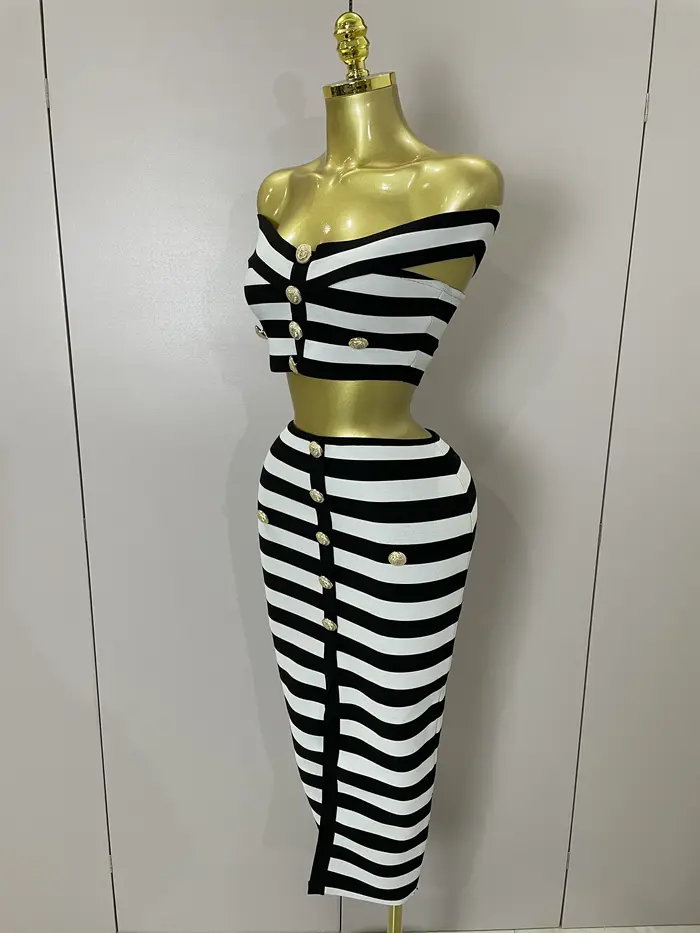 Mini ensemble deux pièces à bandes pour femmes, épaules dénudées, boutons rayés, Sexy, célébrité, st