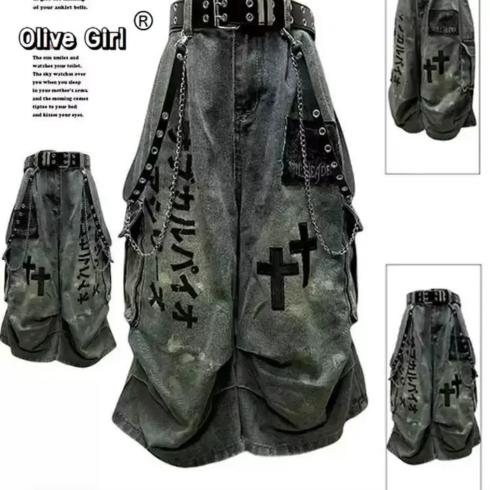 Veľká veľkosť lebka kríž dámske džínsy Denim nohavice americké retro atmosféra široké