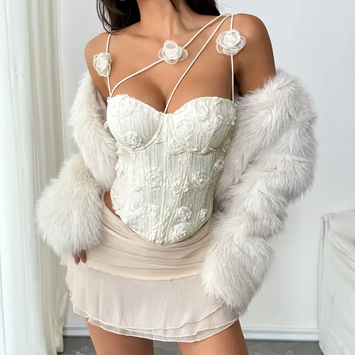 Elegantný korzet pre ženy v krémovej ružovej 3D čipke, prekrížené špagety, bez ramienok pre streetwear a clubwear