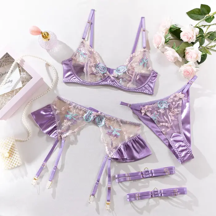 Ensemble de lingerie 3 pièces en dentelle brodée florale lilas, soutien-gorge transparent, porte-jar