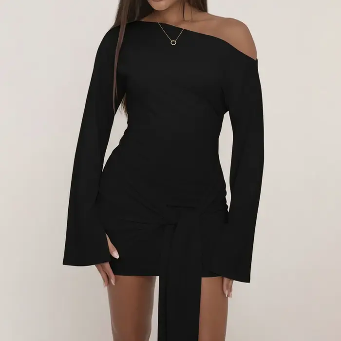 Robe moulante Sexy à nœud froncé pour femmes, élégante, couleur unie, épaules dénudées, asymétrique,