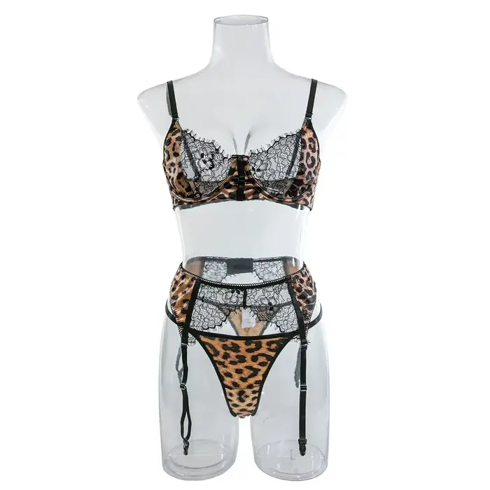Sexy leopard tlačené čipky spodná bielizeň set pre ženy, podprsenka a nohavičky, exotické oblečenie každý deň ,,